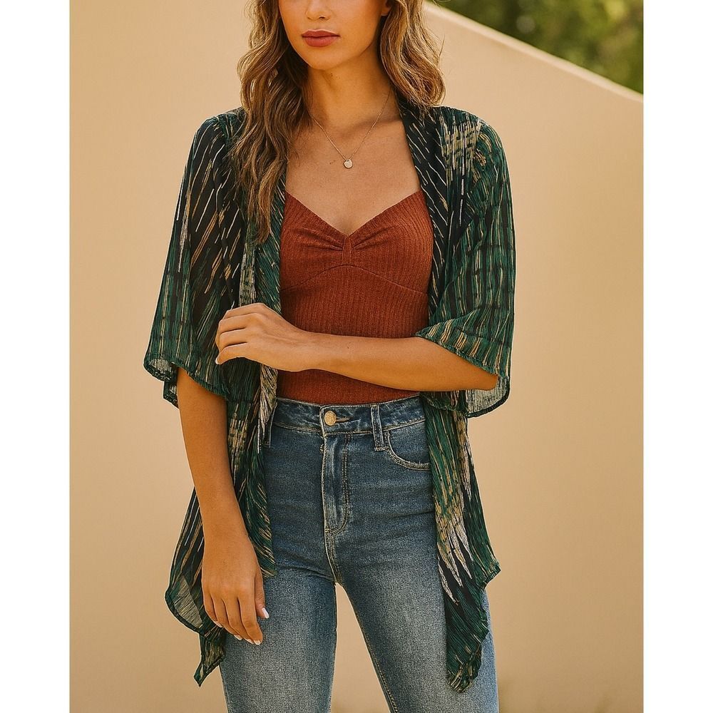 Eyeshadow Womens Green Gold Sheer Geometric Open Front Kimono Sweater sz M Boho